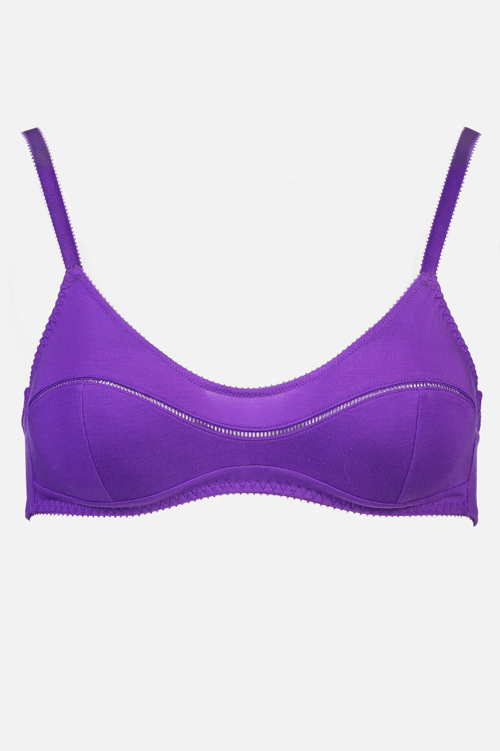 Videris Lingerie Maggie wire free soft cup bra in purple TENCEL™ with a scoop neck and ladderstitch detail framing the bust