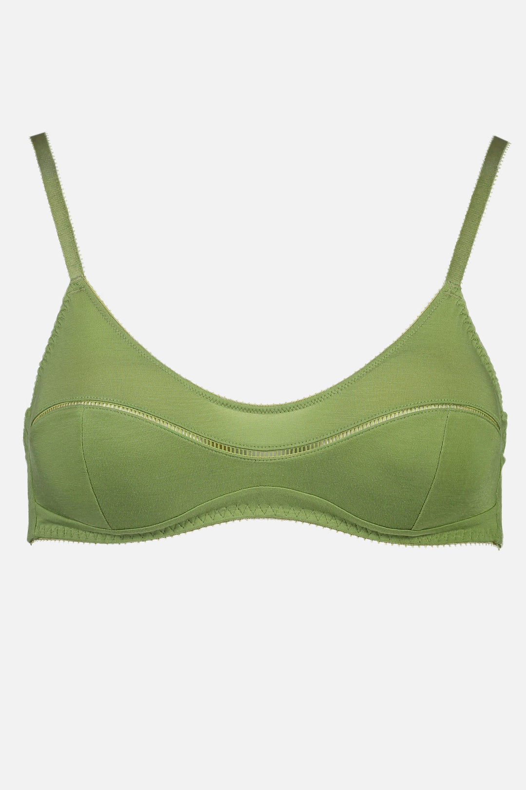 Videris Lingerie Maggie wire free soft cup bra in olive TENCEL™ with a scoop neck and ladderstitch detail