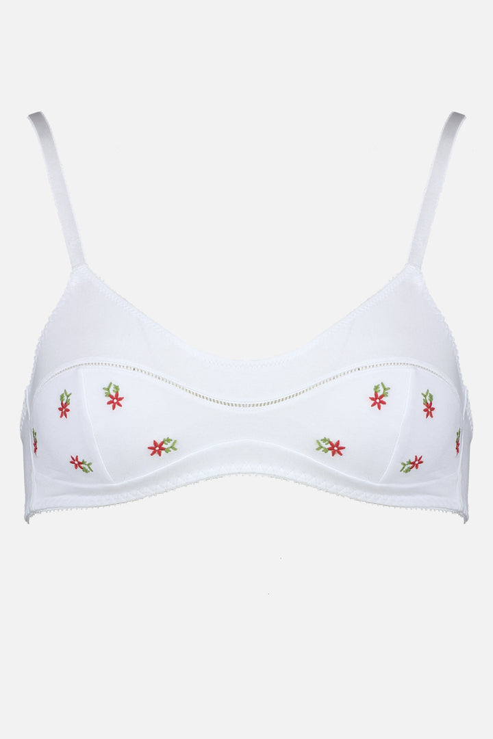 Videris Lingerie Maggie wire free soft cup bra in white embroidered TENCEL™ with a scoop neck and ladderstitch detail