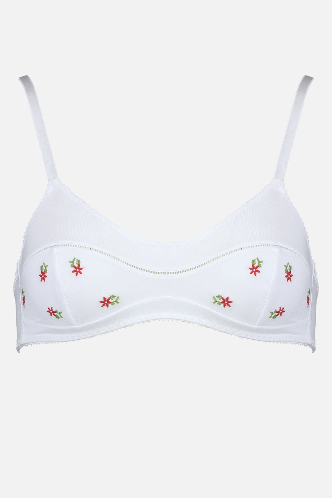 Videris Lingerie Maggie wire free soft cup bra in white embroidered TENCEL™ with a scoop neck and ladderstitch detail