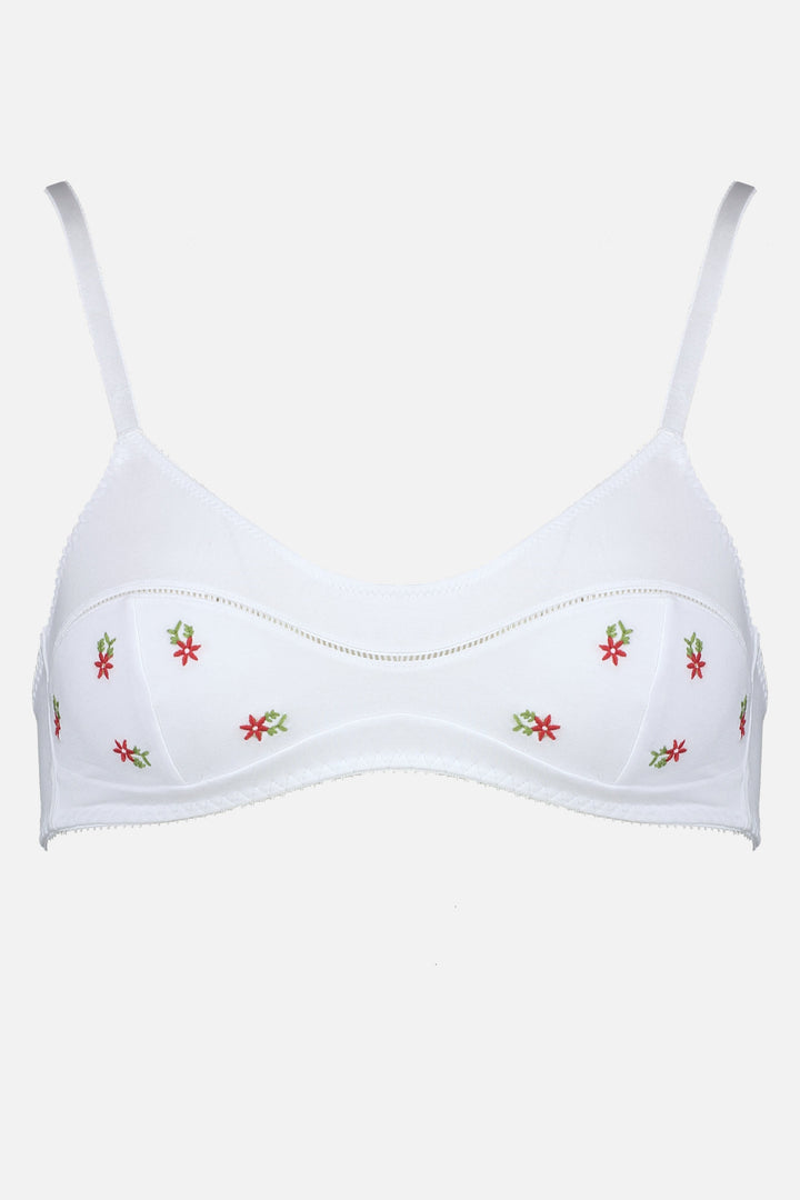 Videris Lingerie Maggie wire free soft cup bra in white embroidered TENCEL™ with a scoop neck and ladderstitch detail