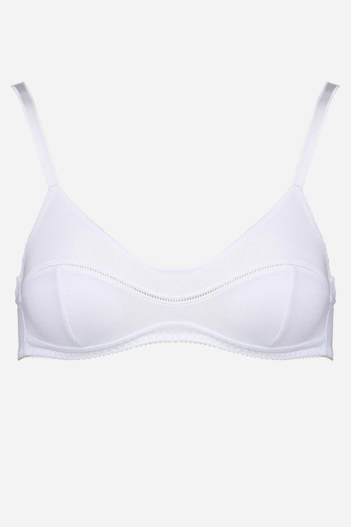 Videris Lingerie Maggie wire free soft cup bra in white TENCEL™ with a scoop neck and ladderstitch detail framing the bust