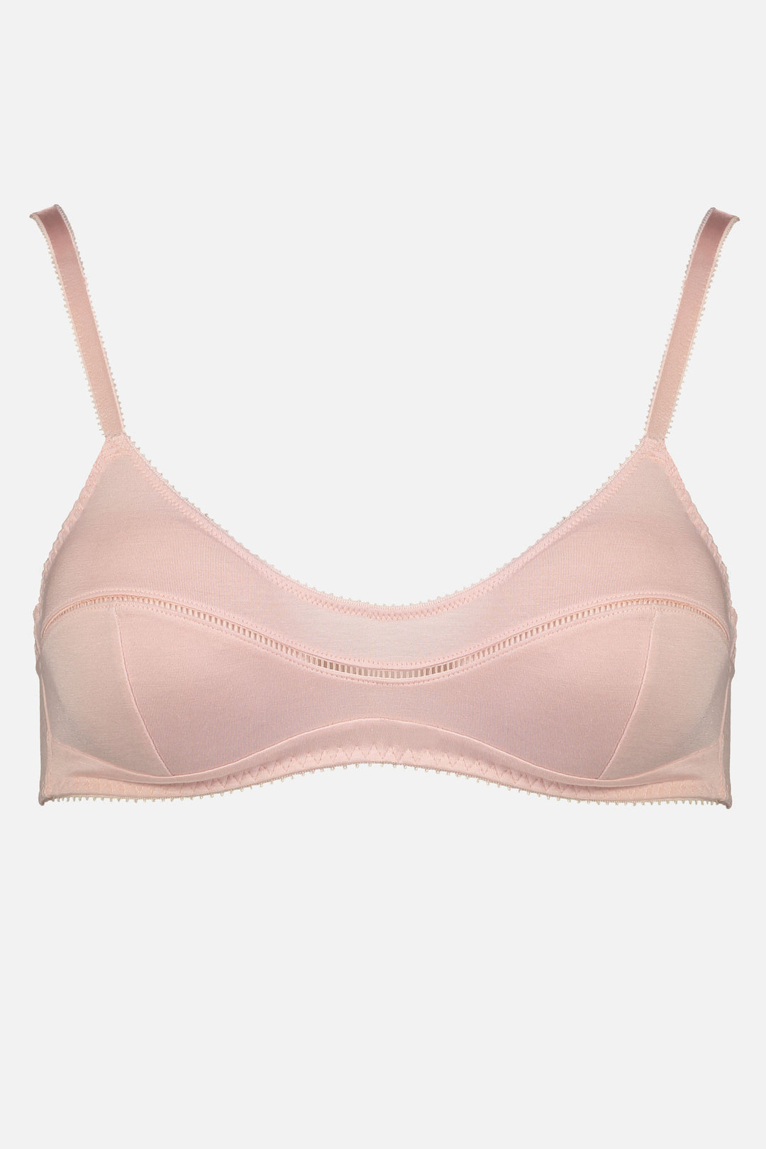 Videris Lingerie Maggie wire free soft cup bra in rosy pink TENCEL™ with a scoop neck and ladderstitch detail framing the bust