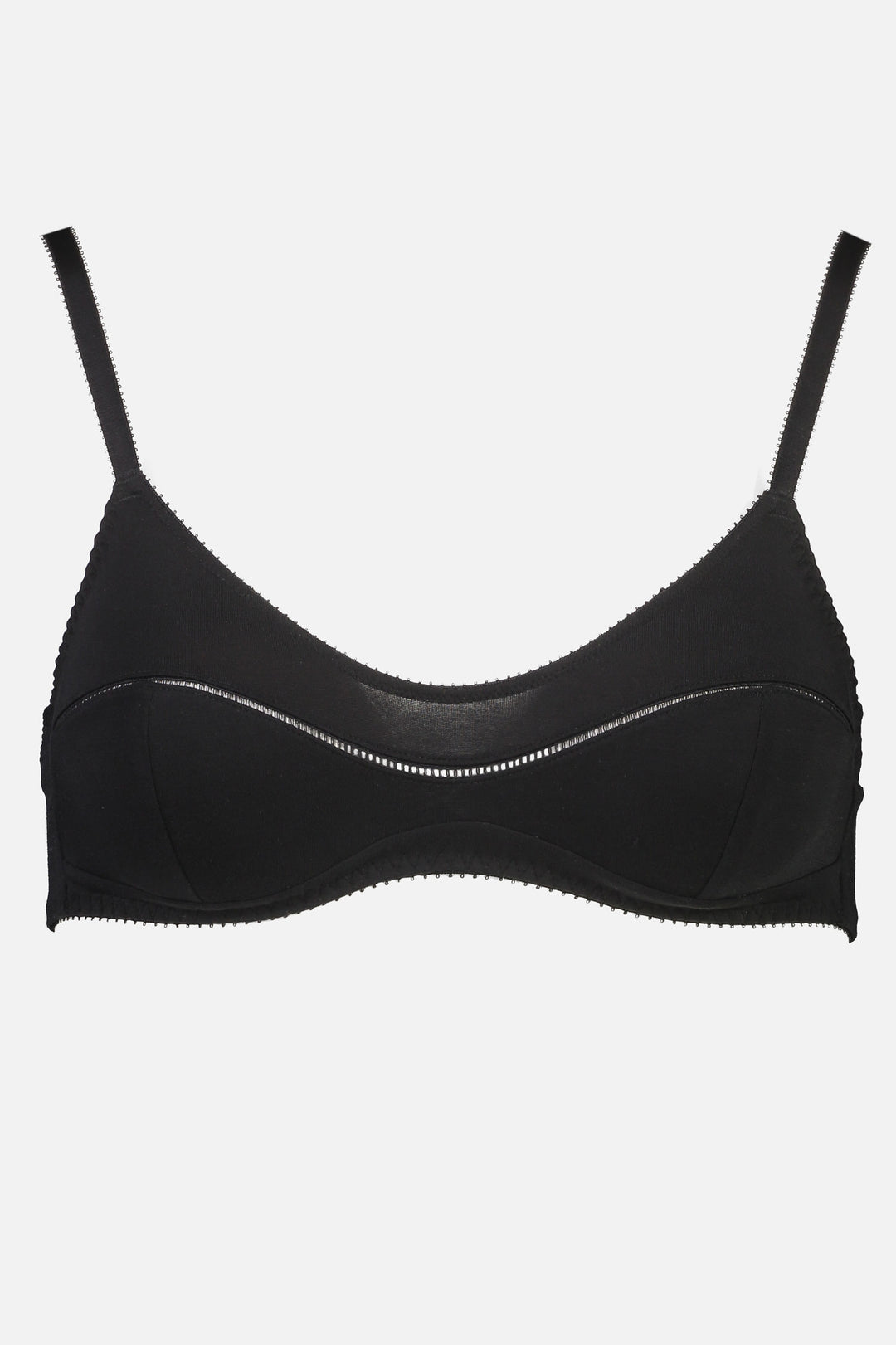 Videris Lingerie Maggie wire free soft cup bra in black TENCEL™ with a scoop neck and ladderstitch detail framing the bust