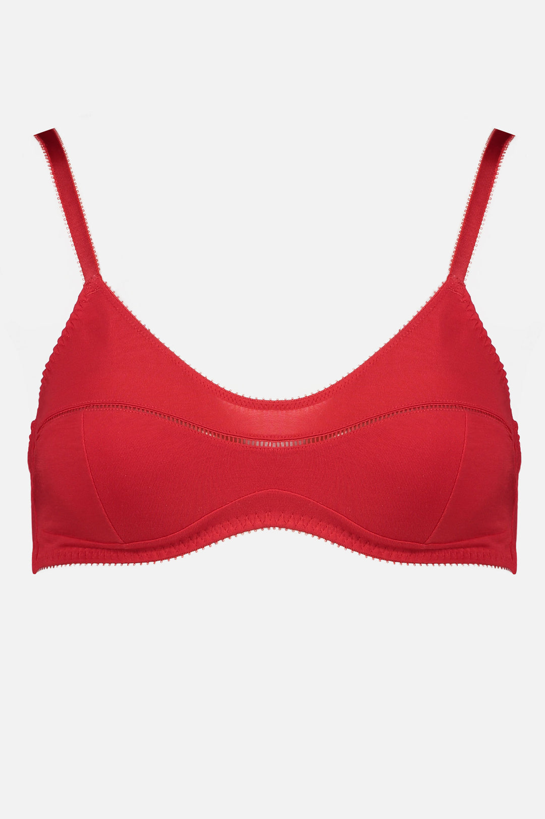 Videris Lingerie Maggie wire free soft cup bra in red TENCEL™ with a scoop neck and ladderstitch detail framing the bust