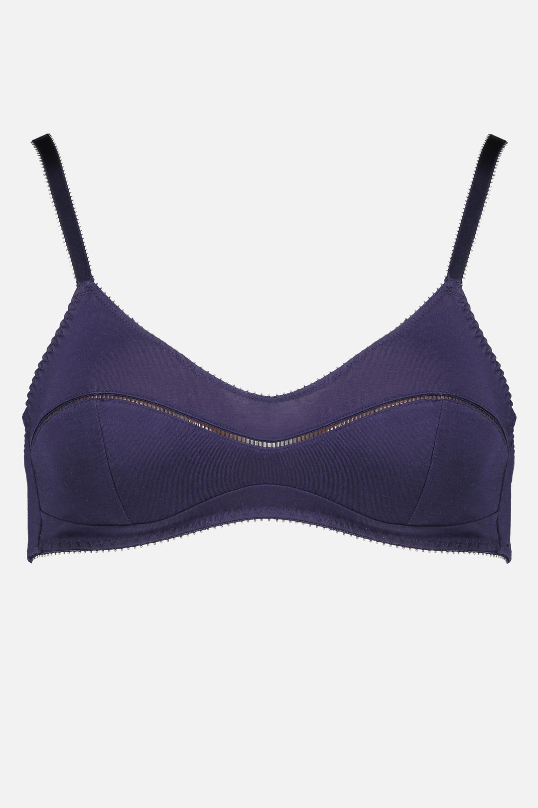 Videris Lingerie Maggie wire free soft cup bra in navy TENCEL™ with a scoop neck and ladderstitch detail framing the bust