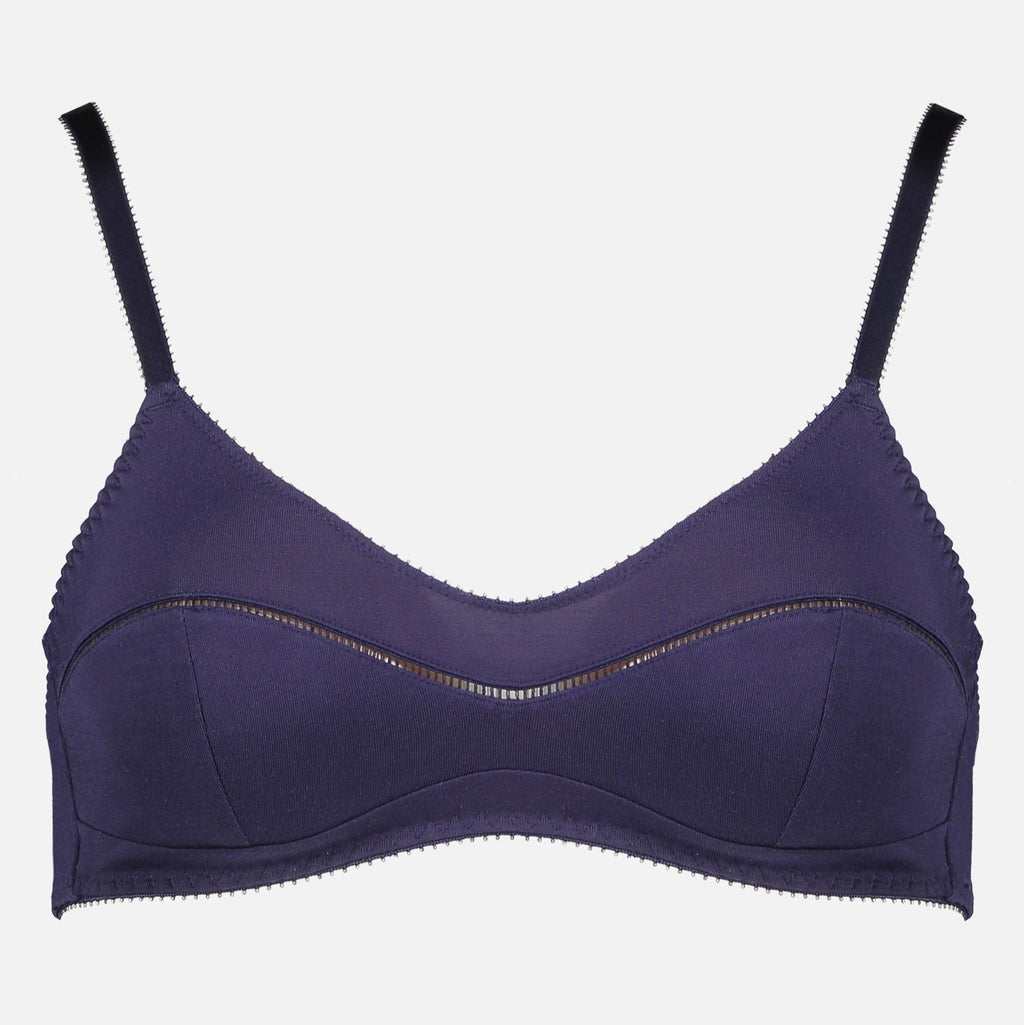 Videris Lingerie Maggie wire free soft cup bra in navy TENCEL™ with a scoop neck and ladderstitch detail framing the bust