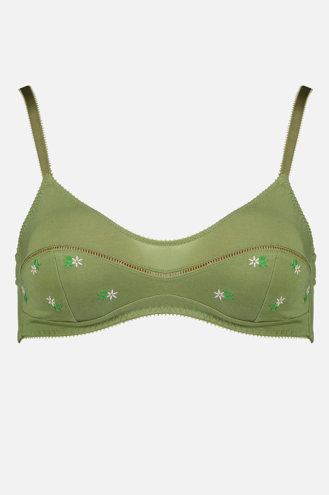 Videris Lingerie Maggie wire free soft cup bra in olive embroidered TENCEL™ with a scoop neck and ladderstitch detail
