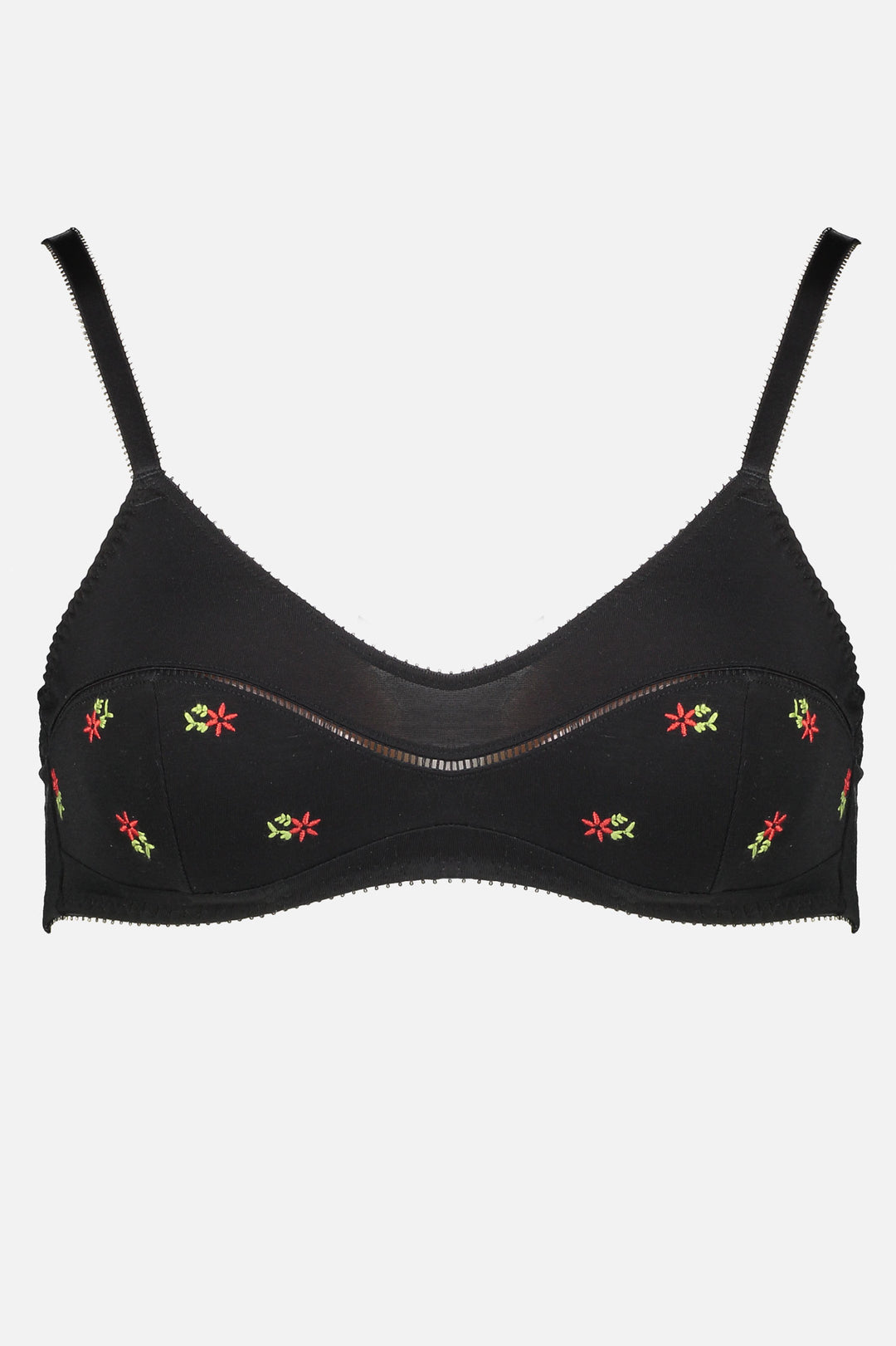 Videris Lingerie Maggie wire free soft cup bra in black embroidered TENCEL™ with a scoop neck and ladderstitch detail
