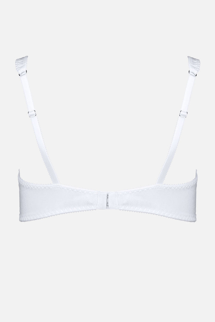 Videris Lingerie Sarah wire free soft cup bra in white embroidered TENCEL™ features adjustable back straps and hook and eyes