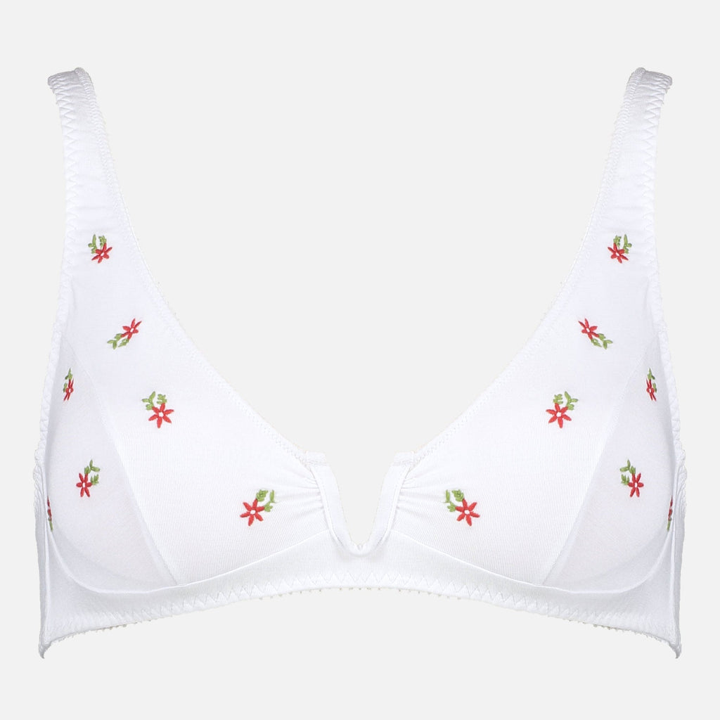 Videris Lingerie Sarah underwire free soft cup bra in white embroidered TENCEL™ with a scooped plunge cup and front U wire