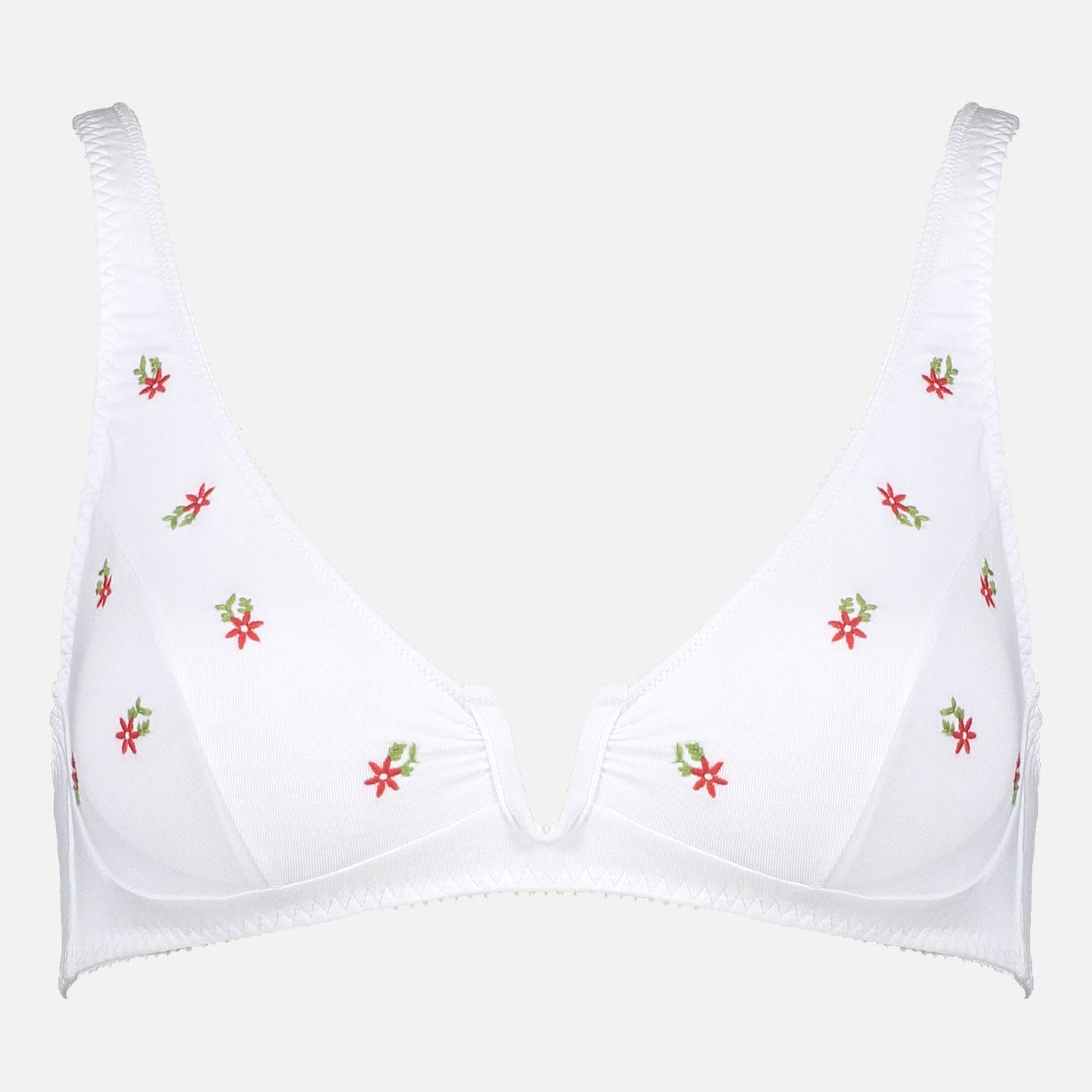 Videris Lingerie Sarah underwire free soft cup bra in white embroidered TENCEL™ with a scooped plunge cup and front U wire