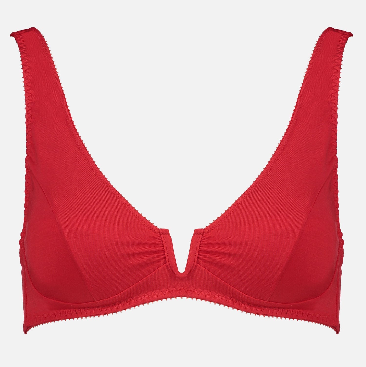 Videris Lingerie Sarah underwire free soft cup bra in red TENCEL™ with a scooped plunge cup and front U wire
