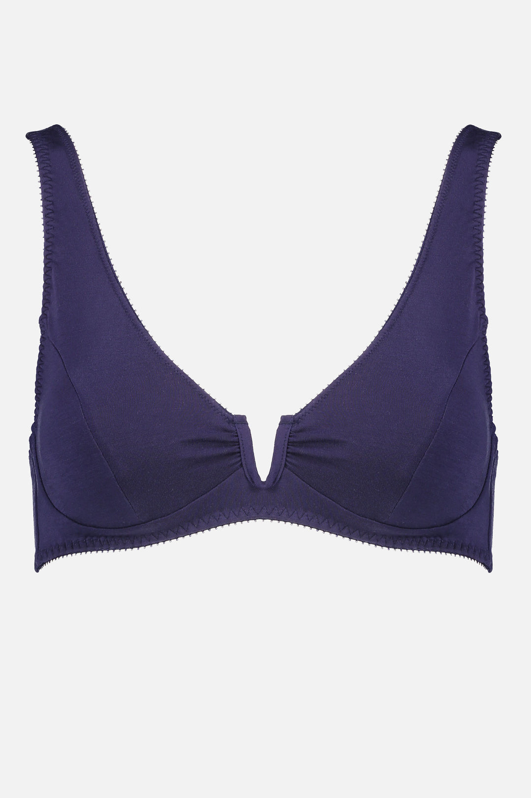Videris Lingerie Sarah underwire free soft cup bra in navy TENCEL™ with a scooped plunge cup and front U wire