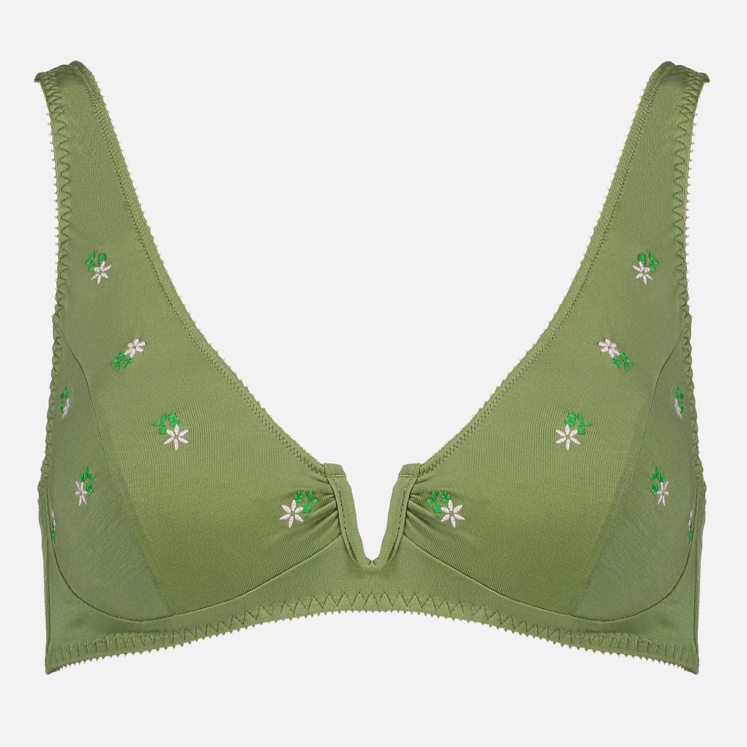 Videris Lingerie Sarah underwire free soft cup bra in olive embroidered TENCEL™ with a scooped plunge cup and front U wire