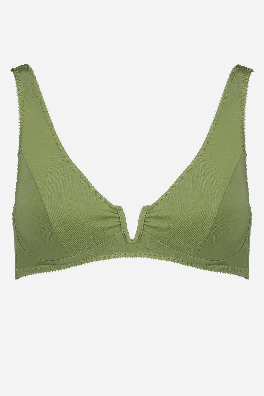 Videris Lingerie Sarah underwire free soft cup bra in olive embroidered TENCEL™ with a scooped plunge cup and front U wire