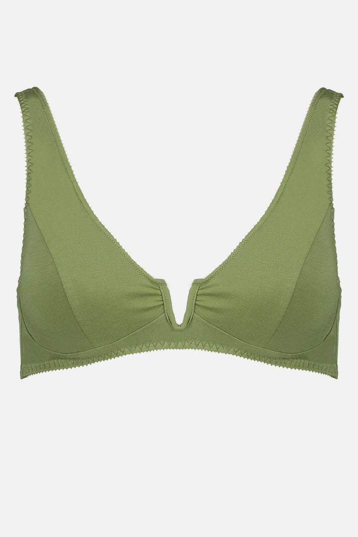 Videris Lingerie Sarah underwire free soft cup bra in olive embroidered TENCEL™ with a scooped plunge cup and front U wire