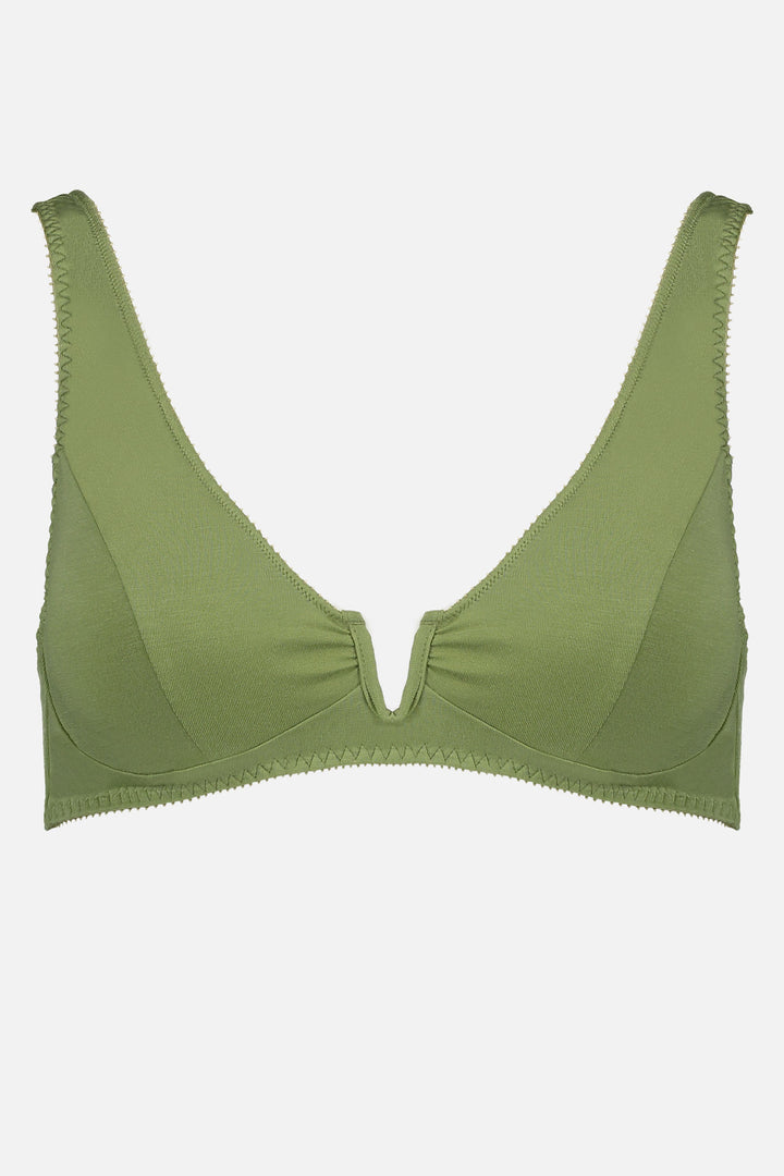 Videris Lingerie Sarah underwire free soft cup bra in olive embroidered TENCEL™ with a scooped plunge cup and front U wire