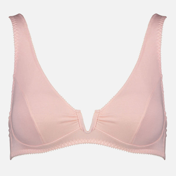 Videris Lingerie Sarah underwire free soft cup bra in rosy pink TENCEL™ with a scooped plunge cup and front U wire