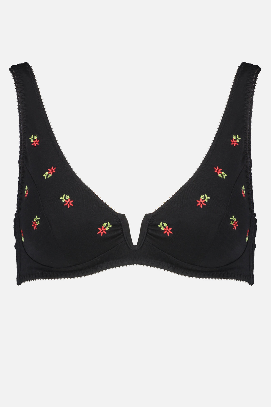 Videris Lingerie Sarah underwire free soft cup bra in black embroidered TENCEL™ with a scooped plunge cup and front U wire
