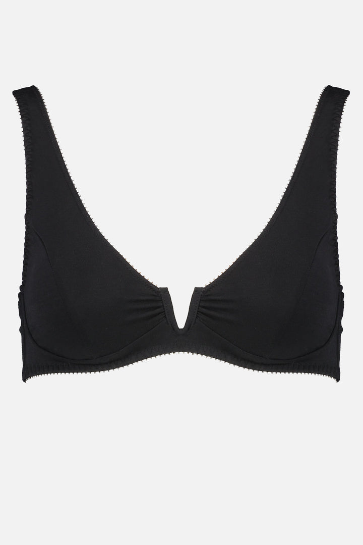 Videris Lingerie Sarah underwire free soft cup bra in black TENCEL™ with a scooped plunge cup and front U wire