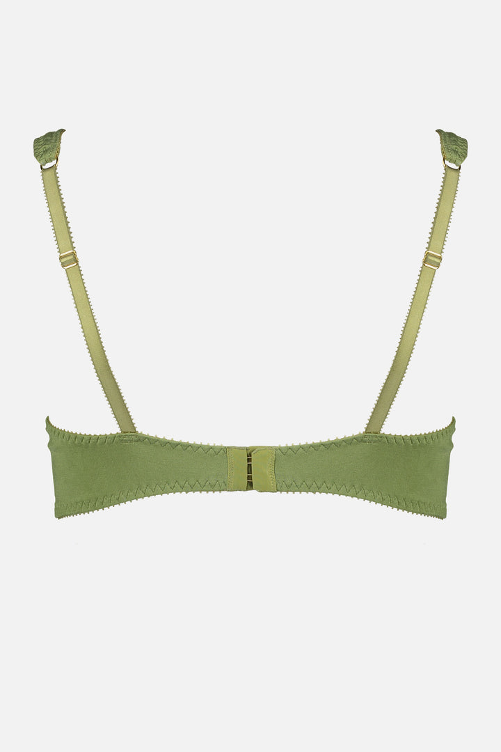Videris Lingerie Sarah wire free soft cup bra in olive embroidered TENCEL™ features adjustable back straps and hook and eyes
