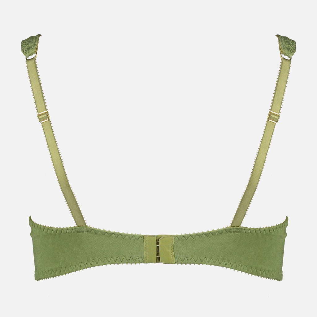 Videris Lingerie Sarah wire free soft cup bra in olive embroidered TENCEL™ features adjustable back straps and hook and eyes