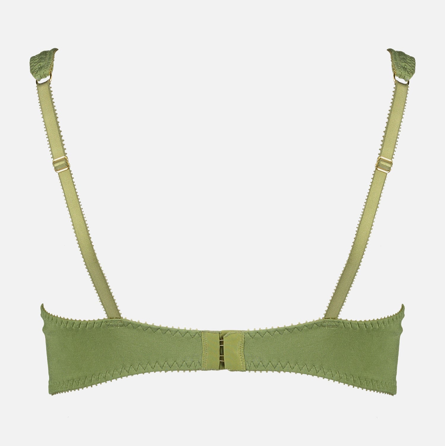 Videris Lingerie Sarah wire free soft cup bra in olive embroidered TENCEL™ features adjustable back straps and hook and eyes