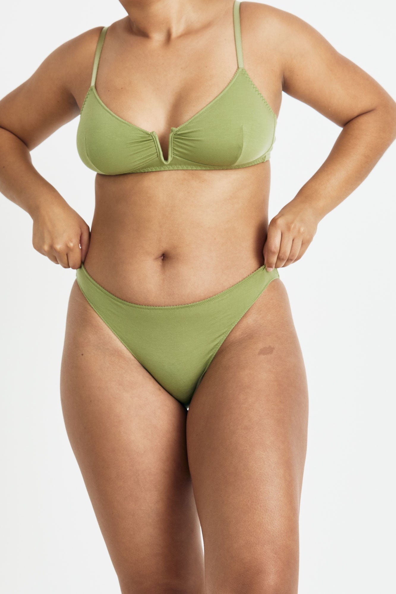 Videris Lingerie bikini knicker in olive TENCEL™  mid-rise style cut to follow the curve of your hips with soft elastics