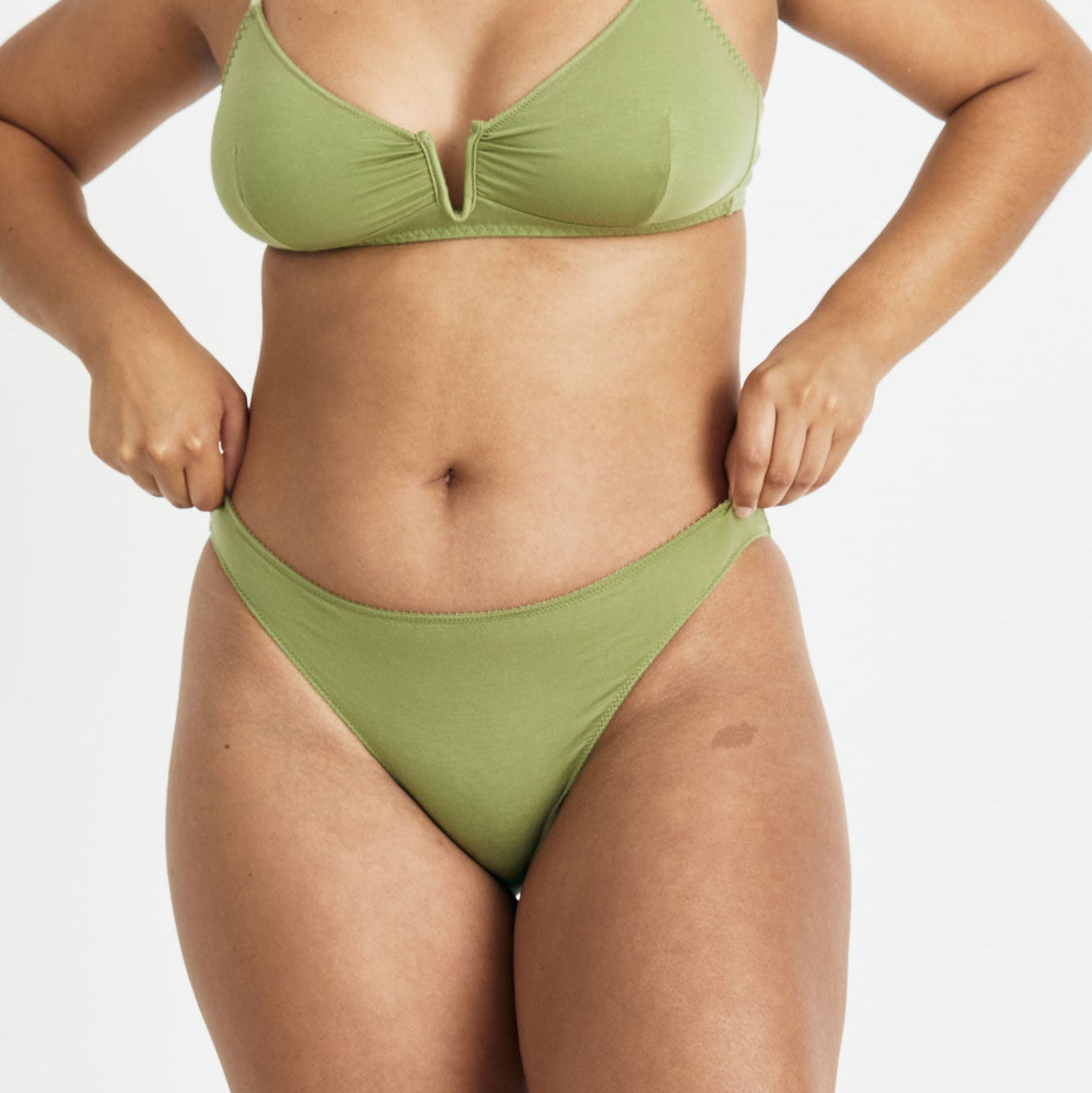 Videris Lingerie bikini knicker in olive TENCEL™  mid-rise style cut to follow the curve of your hips with soft elastics