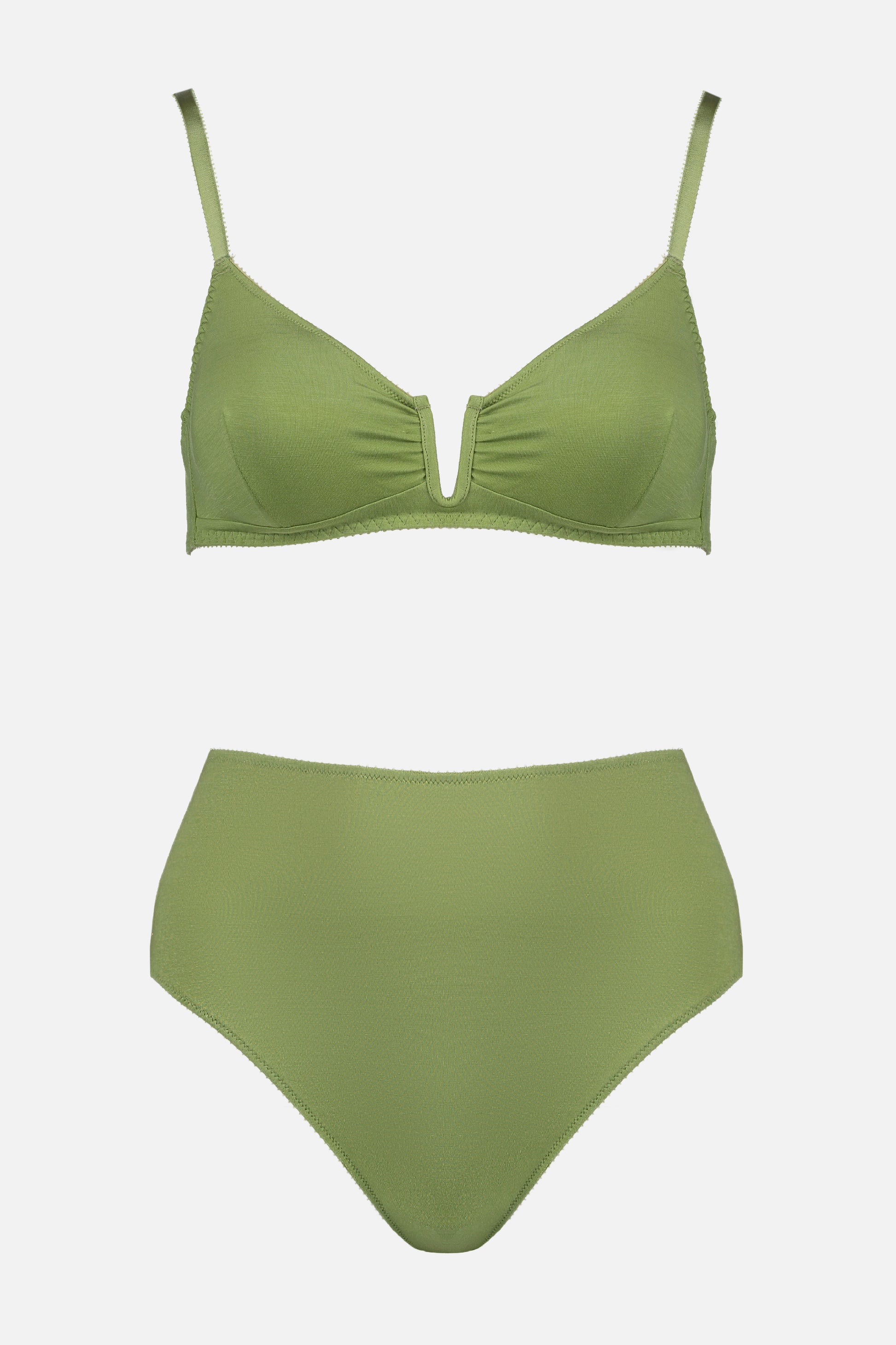 Videris lingerie. This lingerie set is in olive green. Made from TENCEL™. Our fabric is luxurious, sustainable & oeko tex certified. Ultra comfortable.